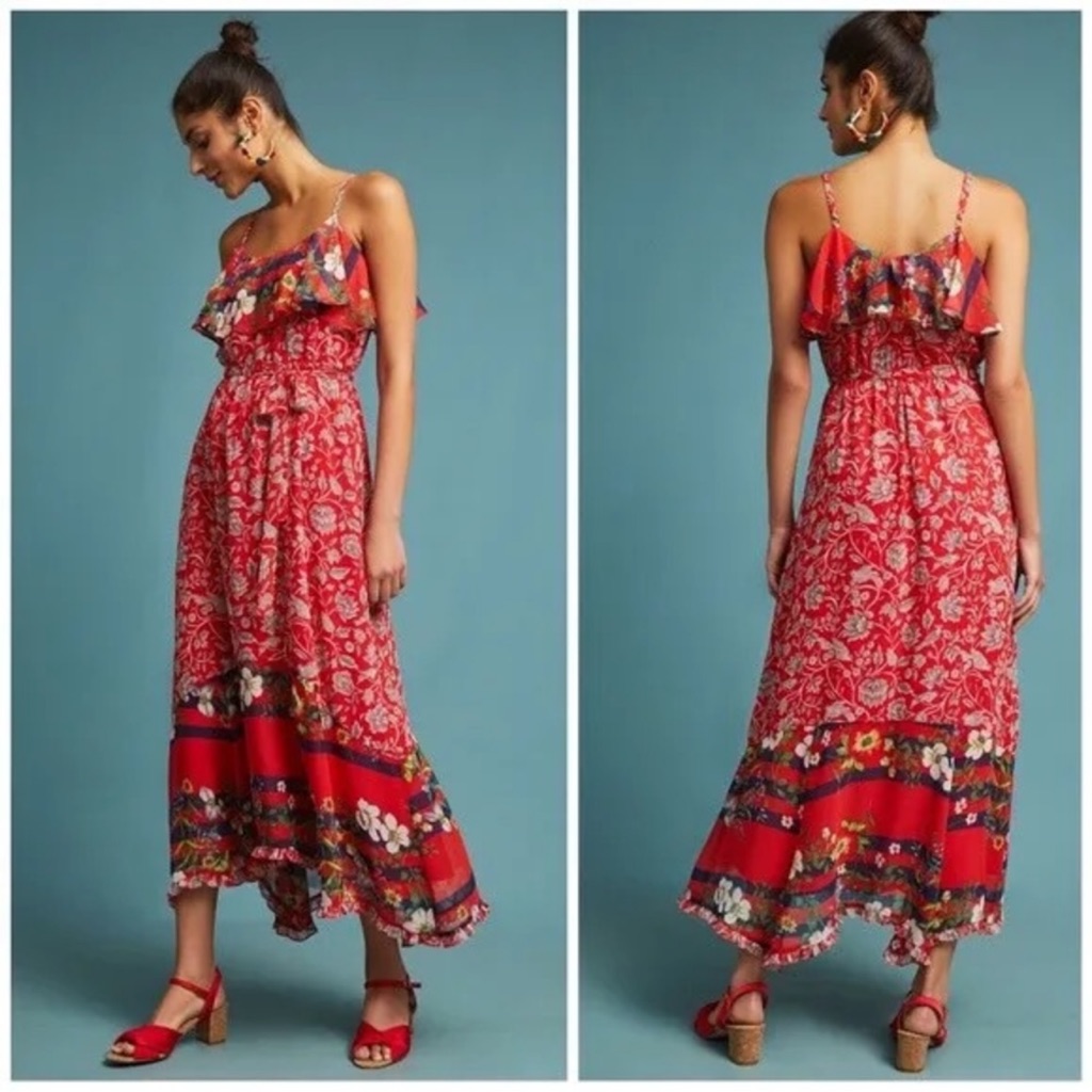 Like New Anthropologie Zuri Floral Ruffled Midi Dress